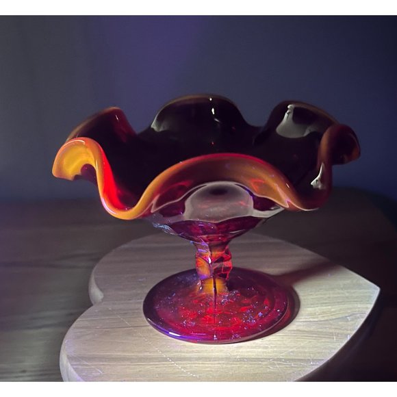 Vintage Viking Ruby Red Georgian Honey Comb 6.5" Ruffled Footed Bowl/Compote, Sh - Picture 10 of 10